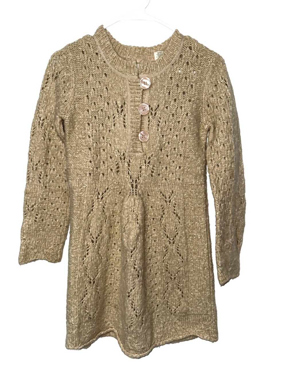 KENJI Alpaca Wool Blend Open Knit Sweater Dress M Beige 3 Button